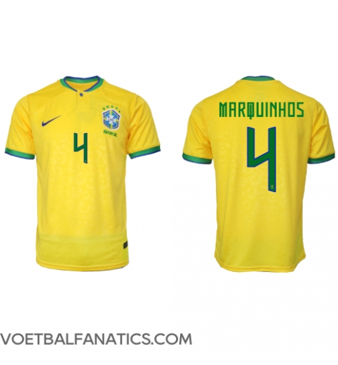 Brazilië Marquinhos #4 Thuis tenue WK 2022 Korte Mouwen